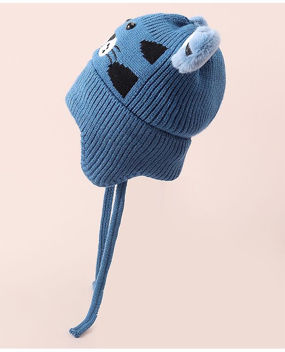 Babyhug Woollen Cap With Tiger Design - Blue