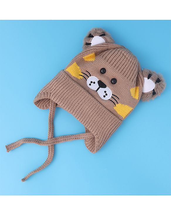 Babyhug Woollen Cap With Tiger Design - Brown