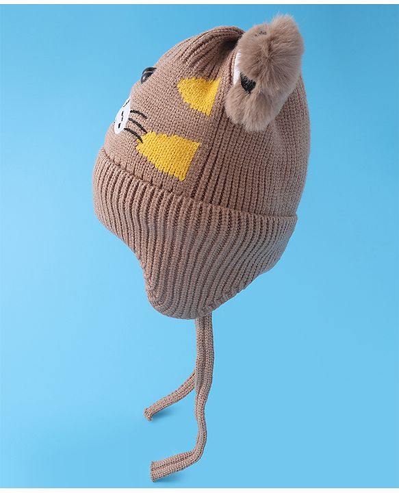 Babyhug Woollen Cap With Tiger Design - Brown