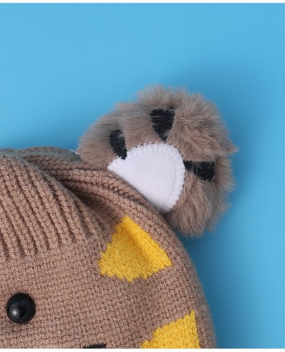 Babyhug Woollen Cap With Tiger Design - Brown