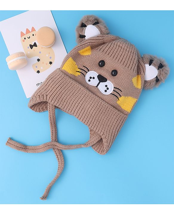Babyhug Woollen Cap With Tiger Design - Blue