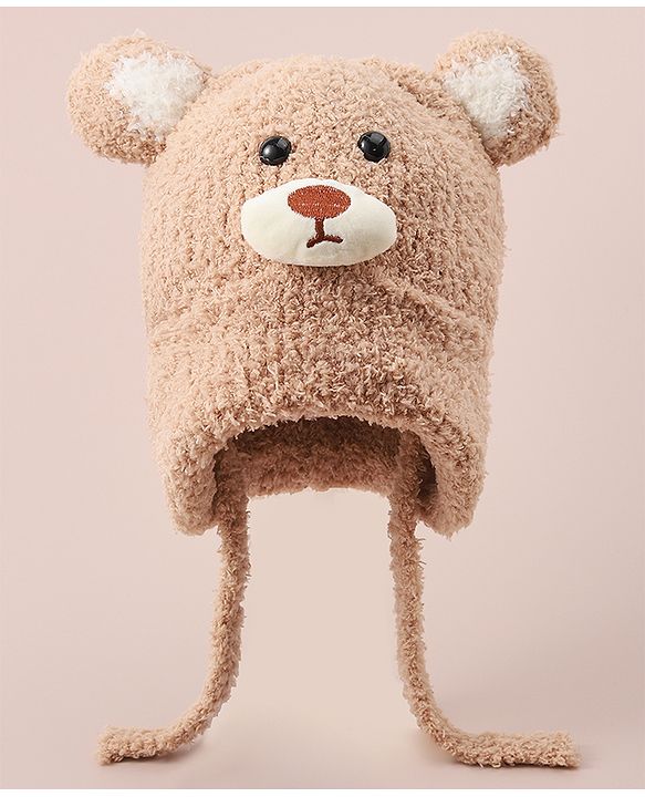 Babyhug Woollen Cap With Bear Applique - Light Brown