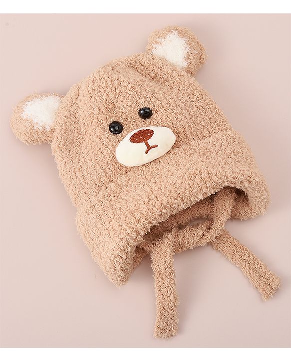 Babyhug Woollen Cap With Bear Applique - Light Brown