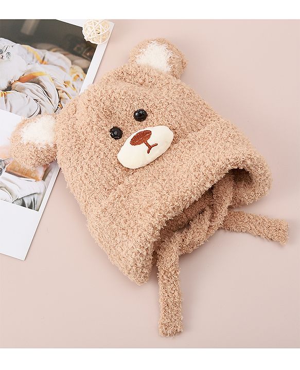 Babyhug Woollen Cap With Bear Applique - Light Brown