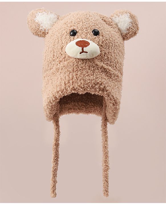 Babyhug Woollen Cap With Bear Applique - Light Brown