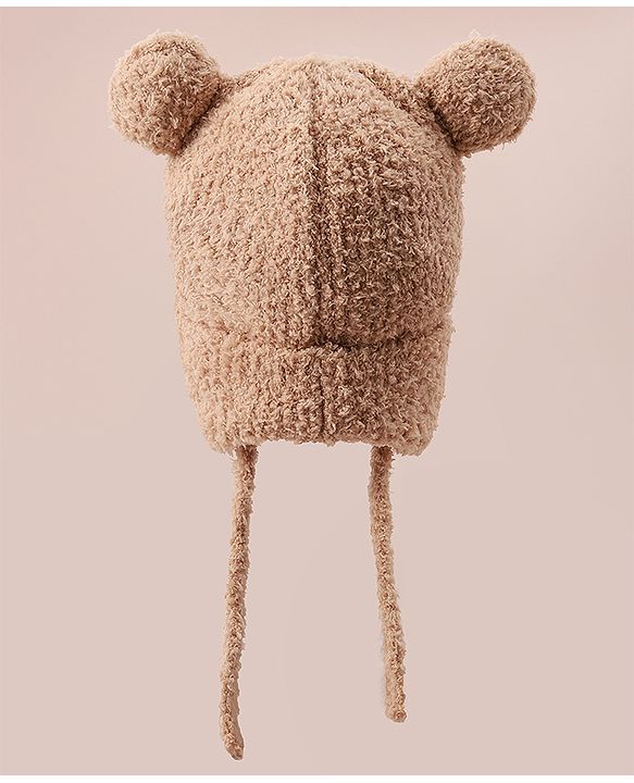 Babyhug Woollen Cap With Bear Applique - Light Brown