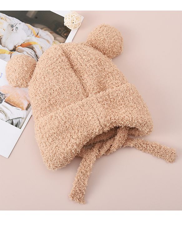 Babyhug Woollen Cap With Bear Applique - Light Brown