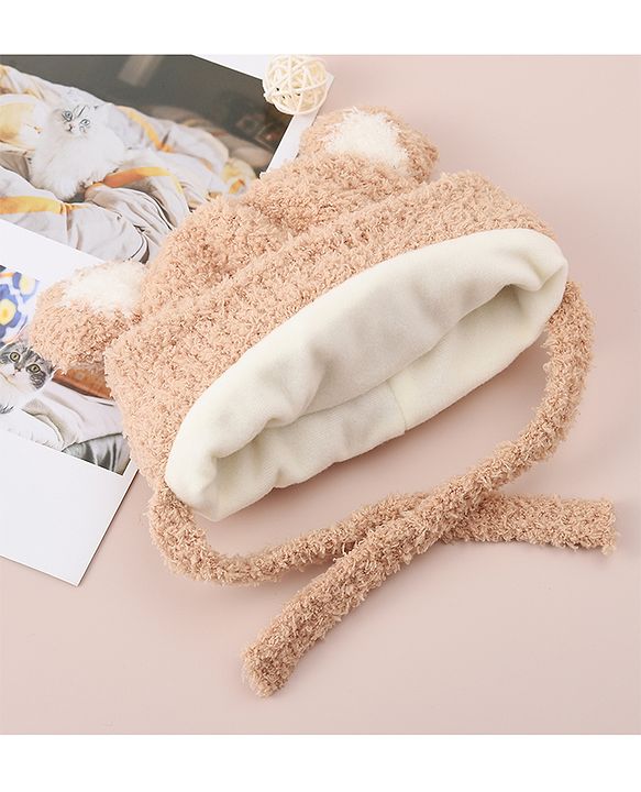 Babyhug Woollen Cap With Bear Applique - Light Brown