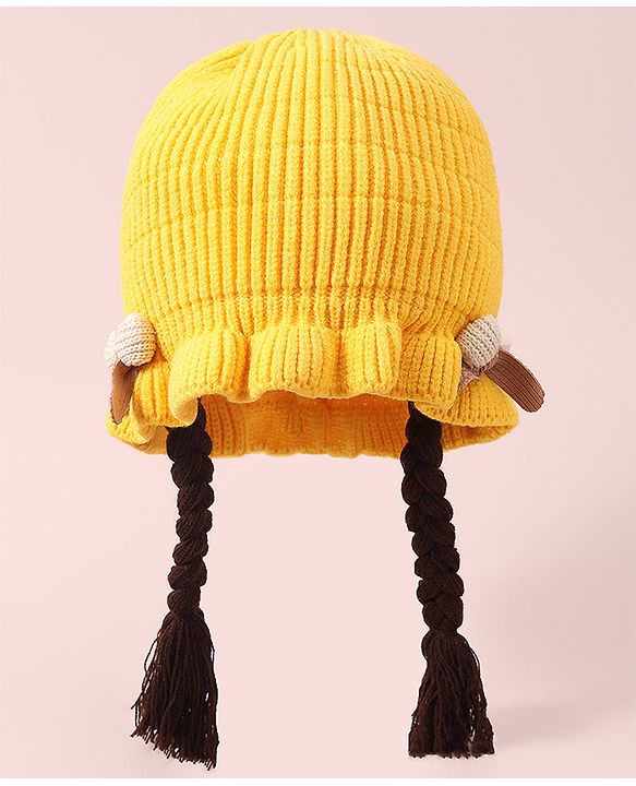 Babyhug Woollen Cap With Bow Applique - Yellow