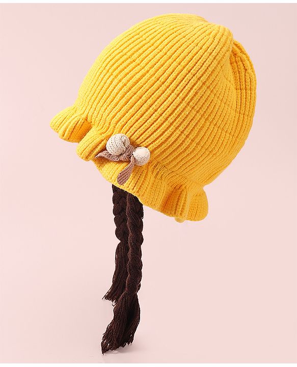 Babyhug Woollen Cap With Bow Applique - Yellow