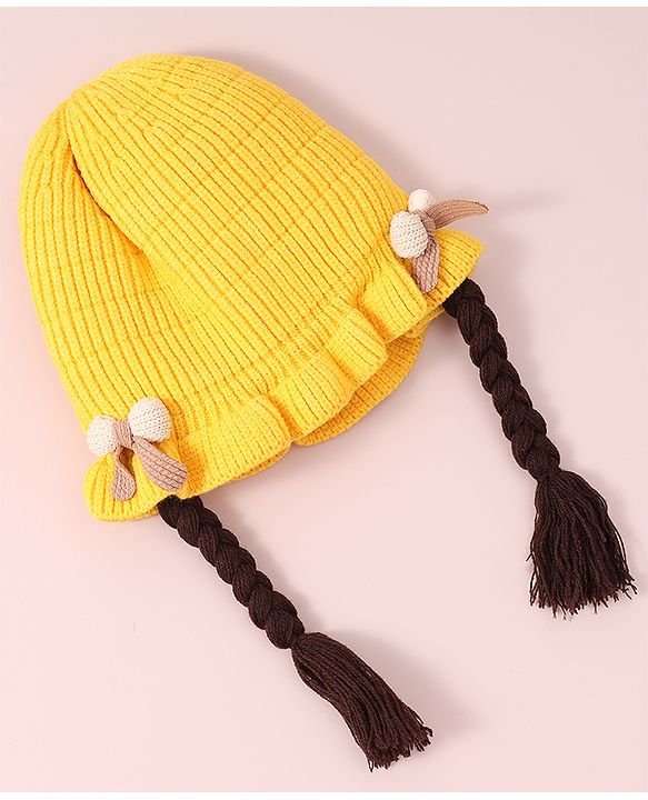 Babyhug Woollen Cap With Bow Applique - Yellow