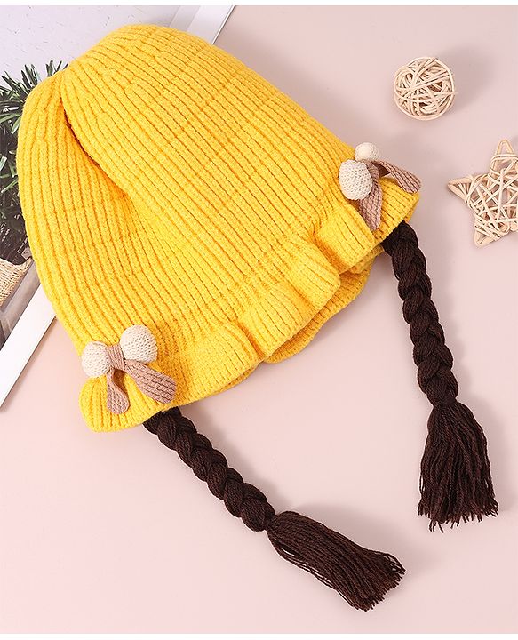 Babyhug Woollen Cap With Bow Applique - Yellow