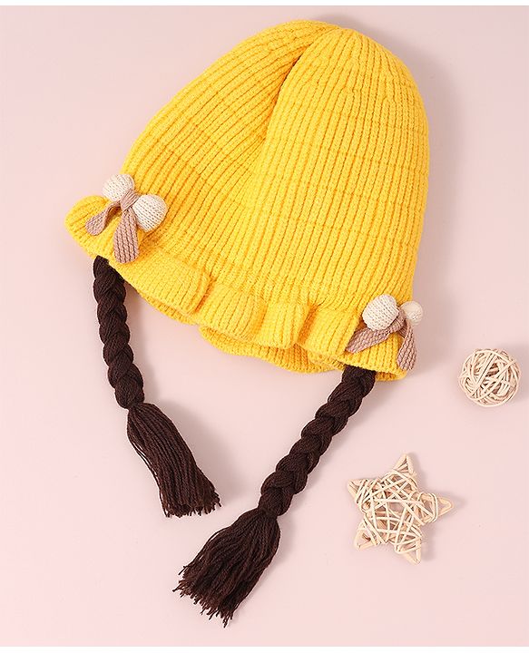 Babyhug Woollen Cap With Bow Applique - Yellow
