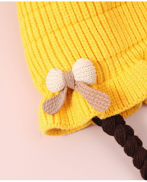 Babyhug Woollen Cap With Bow Applique - Yellow