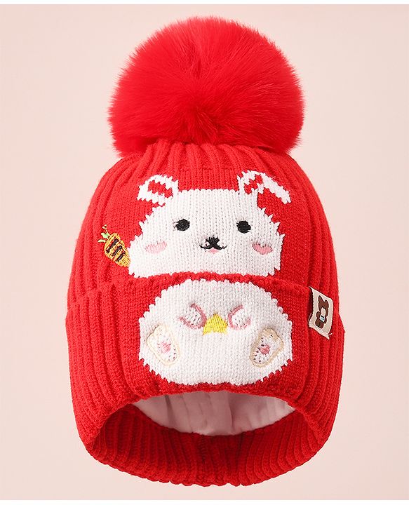 Babyhug Woollen Cap With Bunny Design - Red