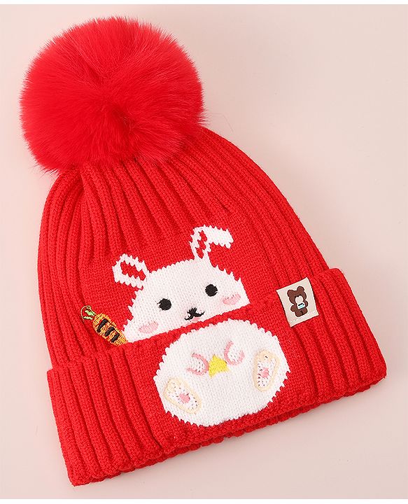 Babyhug Woollen Cap With Bunny Design - Red
