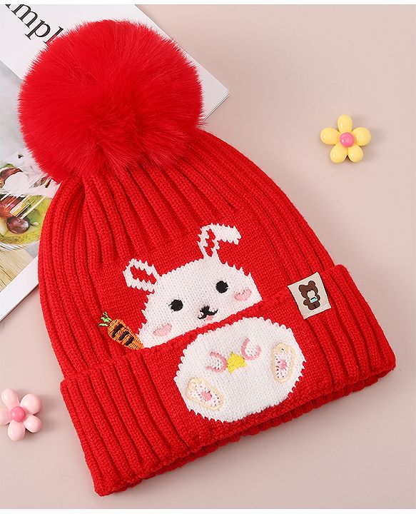 Babyhug Woollen Cap With Bunny Design - Red