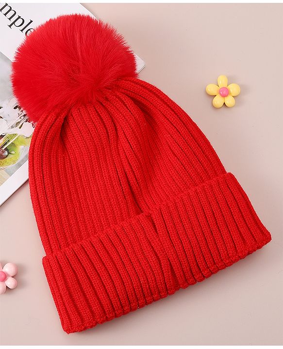 Babyhug Woollen Cap With Bunny Design - Red
