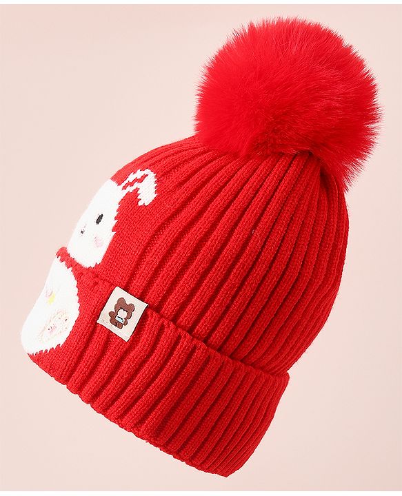 Babyhug Woollen Cap With Bunny Design - Red