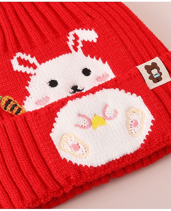 Babyhug Woollen Cap With Bunny Design - Red