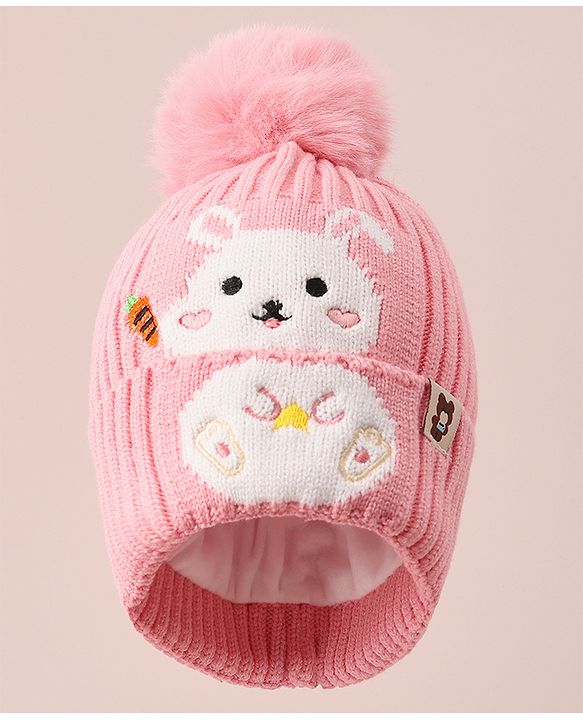 Babyhug Woollen Cap With Bunny Design - Red