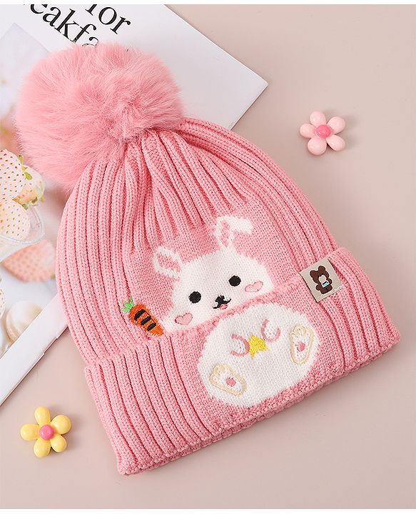 Babyhug Woollen Cap With Bunny Design - Red
