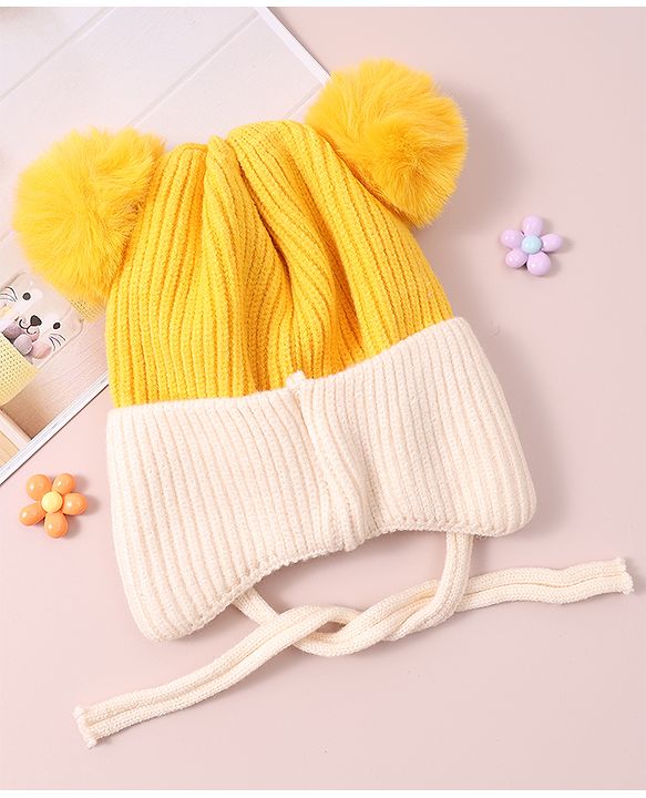Babyhug Woollen Design Cap With Knot - Yellow