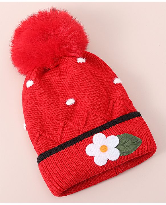 Babyhug Woollen Cap With Floral Applique - Red