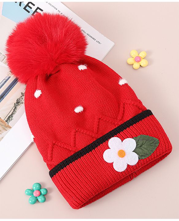 Babyhug Woollen Cap With Floral Applique - Red