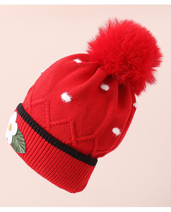 Babyhug Woollen Cap With Floral Applique - Red