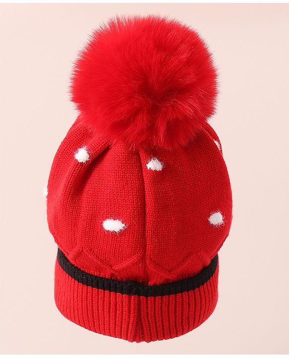Babyhug Woollen Cap With Floral Applique - Red
