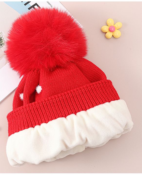 Babyhug Woollen Cap With Floral Applique - Red