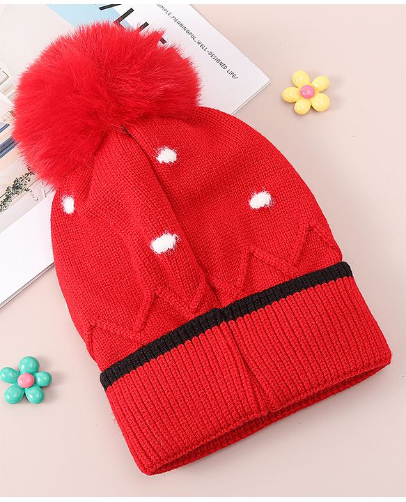 Babyhug Woollen Cap With Floral Applique - Red