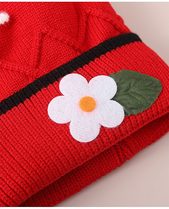 Babyhug Woollen Cap With Floral Applique - Red
