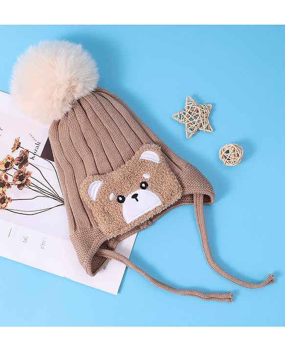 Babyhug Woollen Cap With Knot Bear Applique - Brown