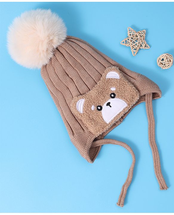 Babyhug Woollen Cap With Knot Bear Applique - Brown