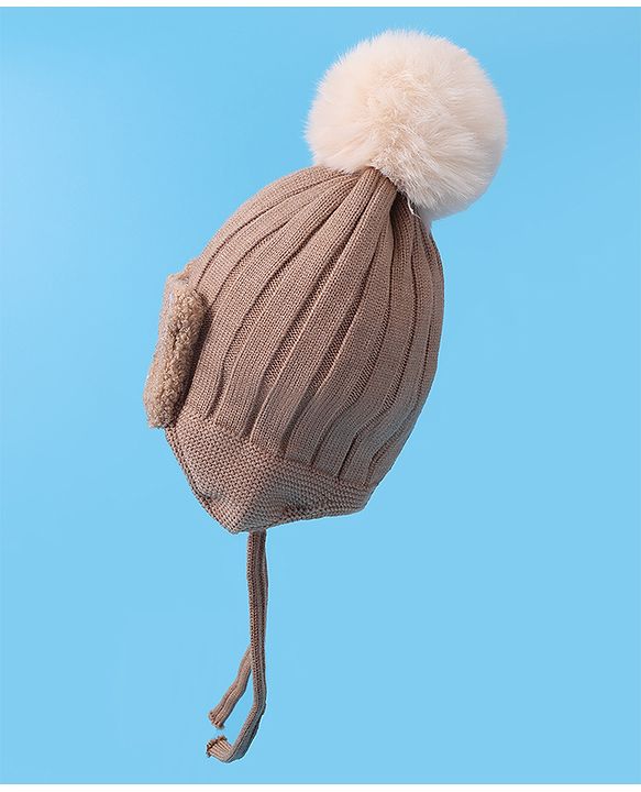 Babyhug Woollen Cap With Knot Bear Applique - Brown