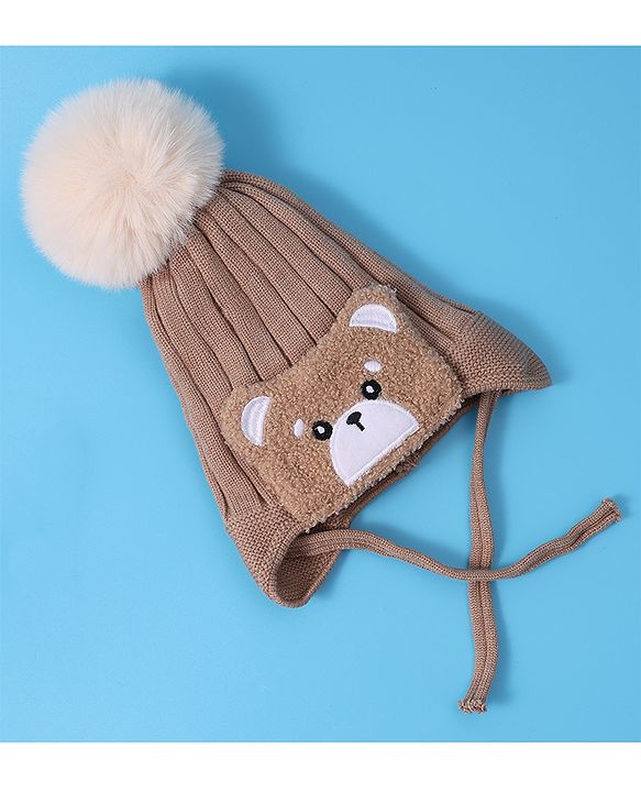 Babyhug Woollen Cap With Knot Bear Applique - Brown