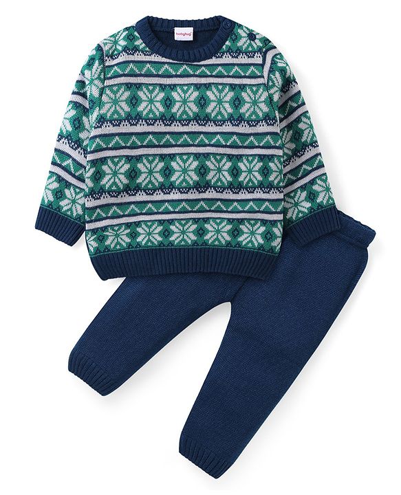 Babyhug Knitted Full Sleeves Sweater Set with  Intarsia Design - Navy Blue