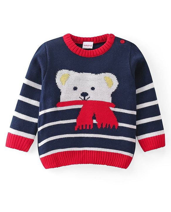 Babyhug Knitted Full Sleeves Sweater Set with Teddy Design - Navy & Red
