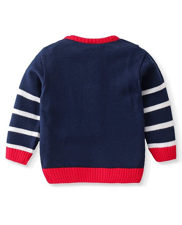 Babyhug Knitted Full Sleeves Sweater Set with Teddy Design - Navy & Red