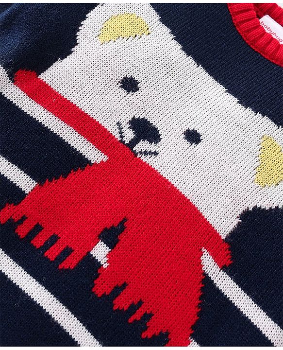 Babyhug Knitted Full Sleeves Sweater Set with Teddy Design - Navy & Red