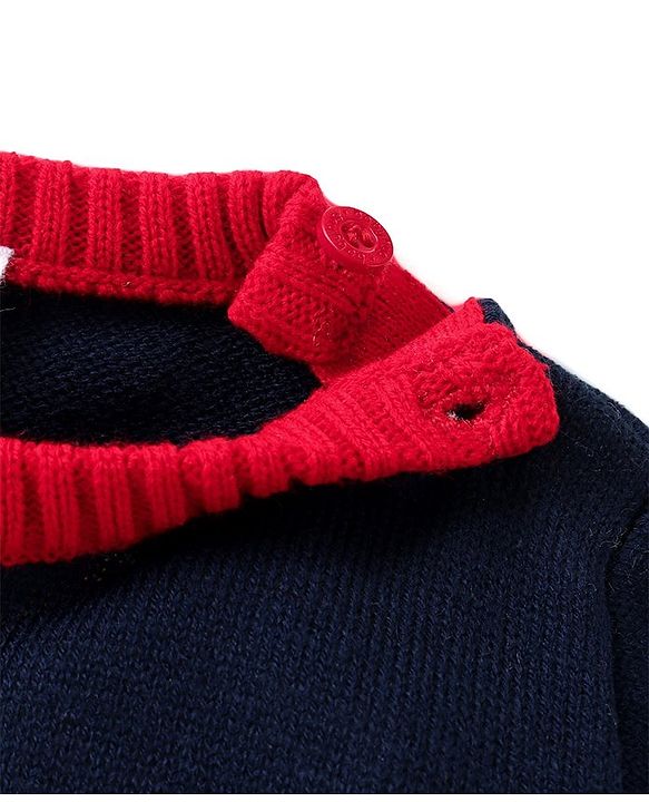Babyhug Knitted Full Sleeves Sweater Set with Teddy Design - Navy & Red