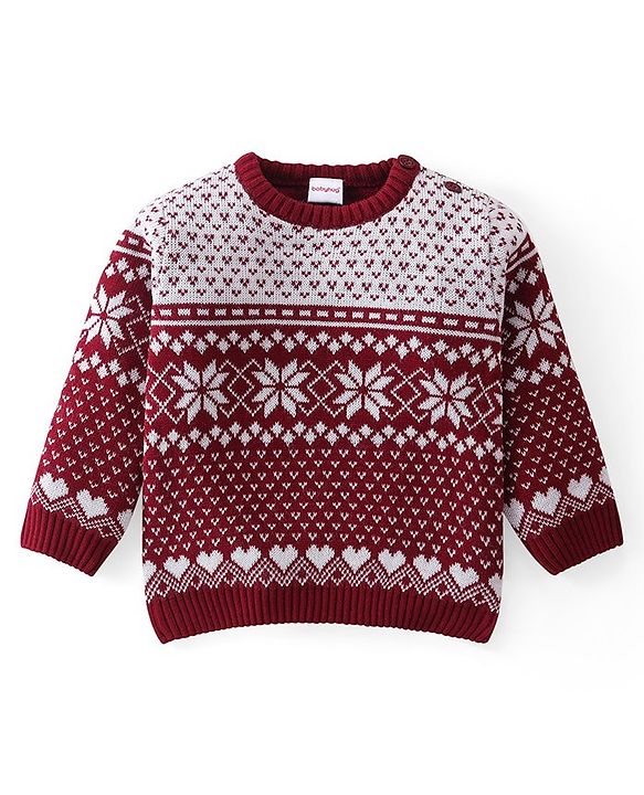 Babyhug Knitted Full Sleeves Sweater Set with Floral Design - Maroon
