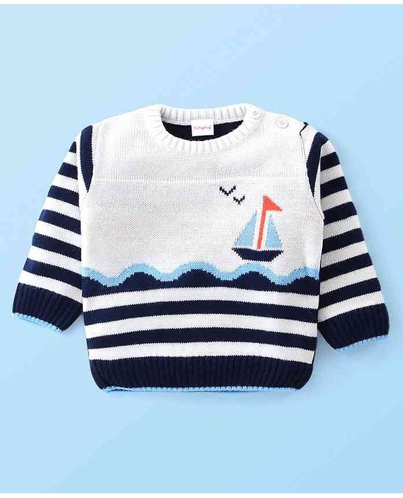 Babyhug Knit Full Sleeves Sweater Set With Stripes & Nautical Theme Design - Navy Blue & White