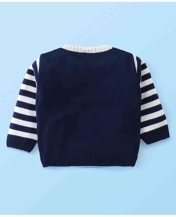Babyhug Knit Full Sleeves Sweater Set With Stripes & Nautical Theme Design - Navy Blue & White