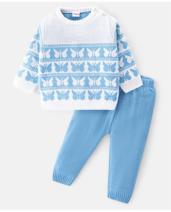 Babyhug Knit Full Sleeves Sweater Set With Butterfly Design - Sky Blue