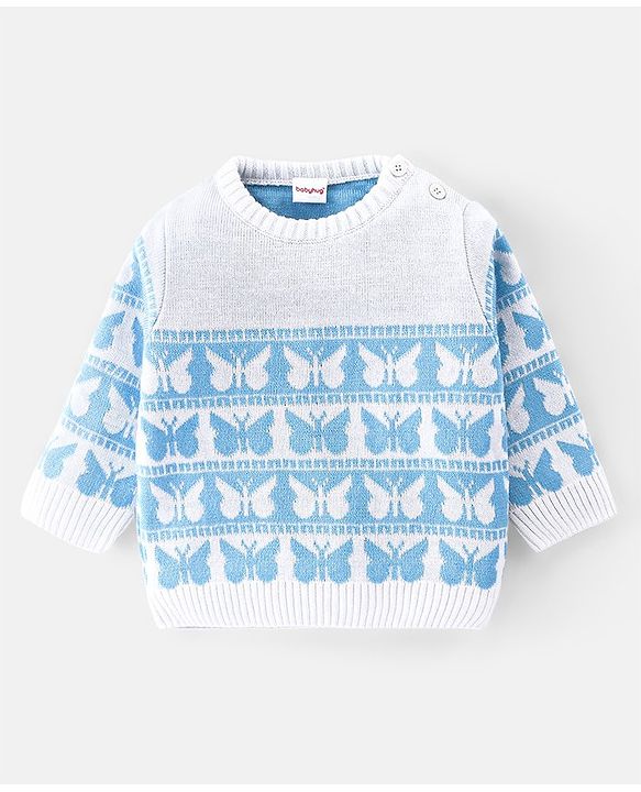 Babyhug Knit Full Sleeves Sweater Set With Butterfly Design - Sky Blue