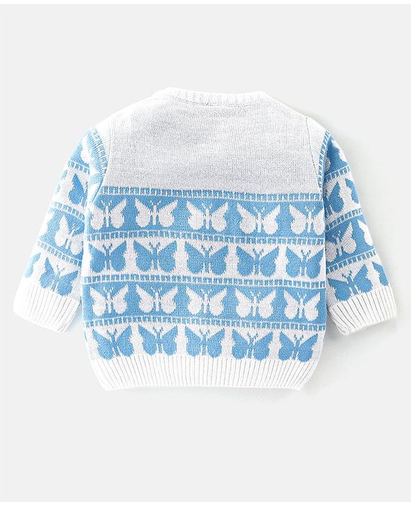 Babyhug Knit Full Sleeves Sweater Set With Butterfly Design - Sky Blue