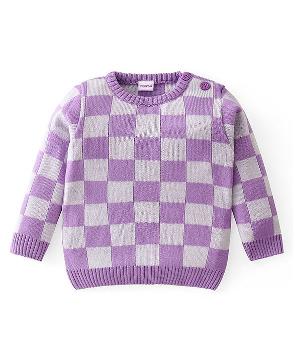 Babyhug Knitted Full Sleeves Sweater Set with Checkered Design - Purple